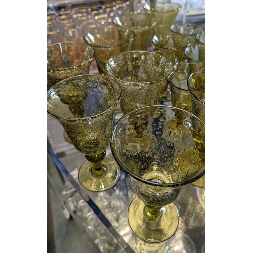 313 - A Quantity of Vintage Yellow/ Amber Bubble Glass Wine Goblets 8 x Large, 1 x Medium and 7 x Small