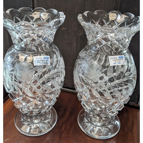 554 - Pair of matching vintage crystal vases with Rose patterning - 33cm high