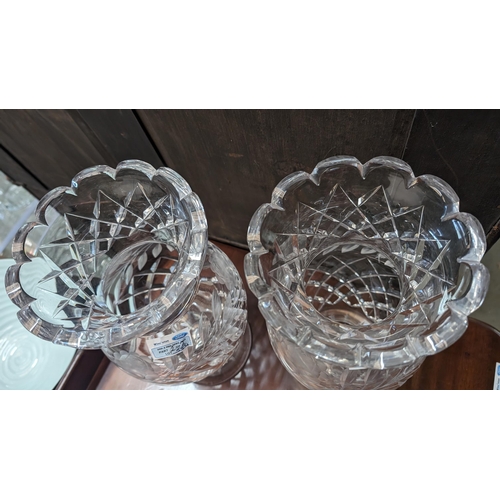 554 - Pair of matching vintage crystal vases with Rose patterning - 33cm high