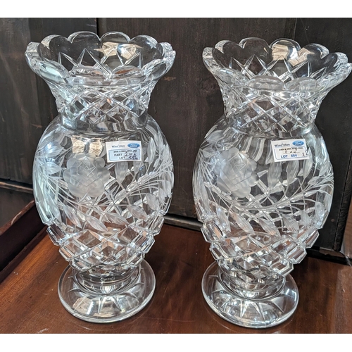 554 - Pair of matching vintage crystal vases with Rose patterning - 33cm high