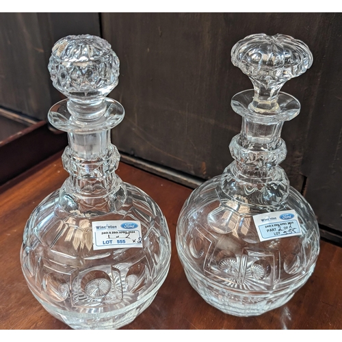 555 - 2x Bulbous vintage crystal decanters - matching buses, different stoppers