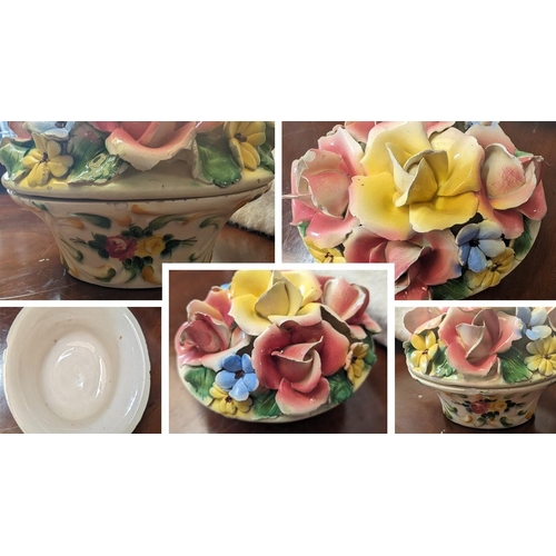 611 - Vintage Italian Cermaic Box Crica 1950's Decorated with Roses - no. 378.  Some Chips as Pictured