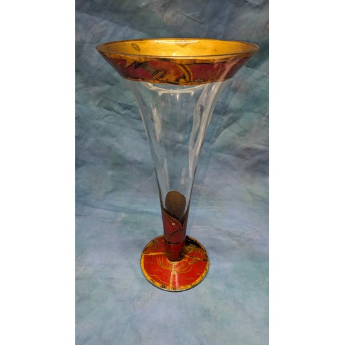 51 - A trumpet vase with Chinese lacquer / paper mache decoration - 50cm tall with minor chip to rim