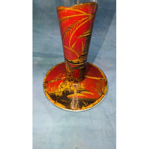 51 - A trumpet vase with Chinese lacquer / paper mache decoration - 50cm tall with minor chip to rim