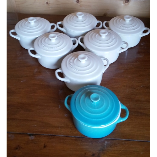 144 - 6 Cream Le Creuset ceramic mini casserole dishes and 1 blue Le Creuset style mini casserole dish