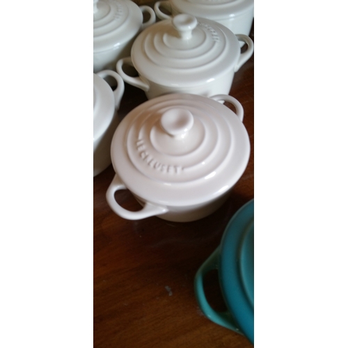 144 - 6 Cream Le Creuset ceramic mini casserole dishes and 1 blue Le Creuset style mini casserole dish