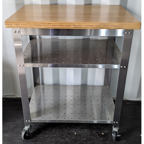 834 - A Stainless Steel Kitchen Trolley with Wooden Top 92cm x 51cm x 76cm