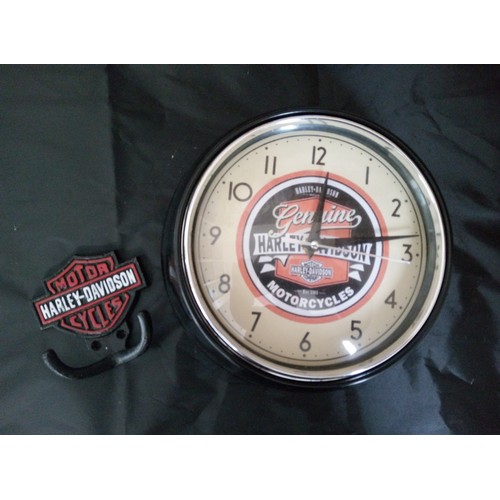 892 - Harley Davidson Clock and Coat Peg.