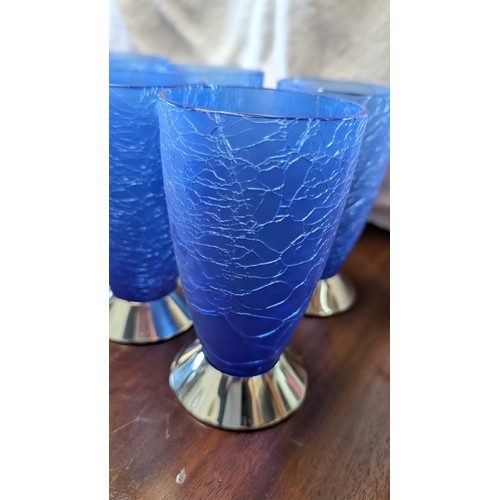 278 - 8x Nick Munroe 8oz Blue crackle water glasses with pewter bases - Made in England