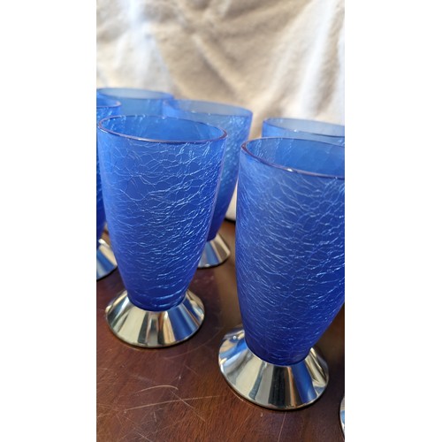 278 - 8x Nick Munroe 8oz Blue crackle water glasses with pewter bases - Made in England