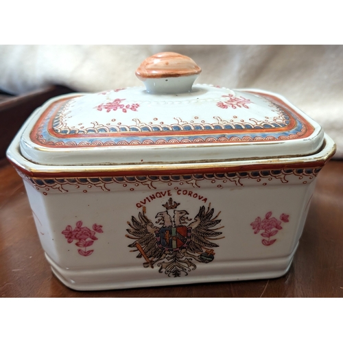 236 - 20th Century Hand Painted Porcelain Armorial Coat of Arms Trinket Box. 19cm x 12cm x 13cm Approx.