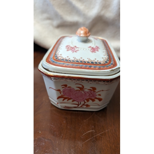 236 - 20th Century Hand Painted Porcelain Armorial Coat of Arms Trinket Box. 19cm x 12cm x 13cm Approx.