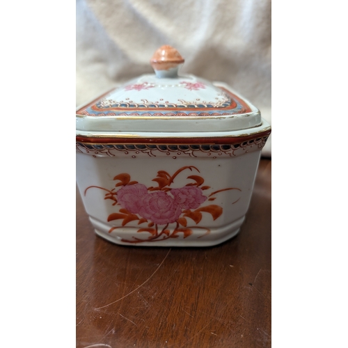 236 - 20th Century Hand Painted Porcelain Armorial Coat of Arms Trinket Box. 19cm x 12cm x 13cm Approx.