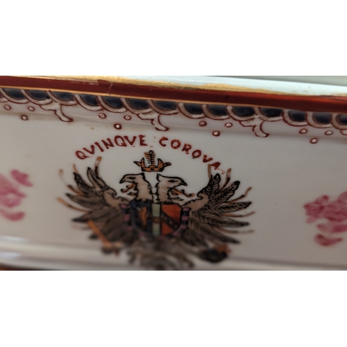 236 - 20th Century Hand Painted Porcelain Armorial Coat of Arms Trinket Box. 19cm x 12cm x 13cm Approx.