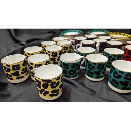 239 - Enzart Designs Leopard Print Coffee Cups and Saucers - 8 x Yellow, 3 x Red, 6 x Purple and 4 x Green... 