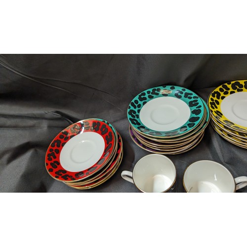 239 - Enzart Designs Leopard Print Coffee Cups and Saucers - 8 x Yellow, 3 x Red, 6 x Purple and 4 x Green... 