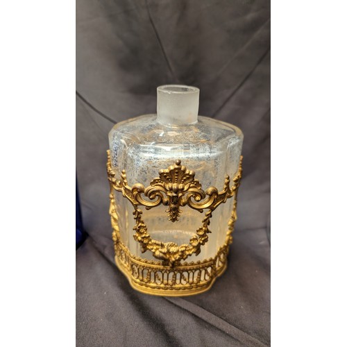 258 - 6 x Antique Perfume Bottles inc. Large brass Overlaid Bottle - no stooper and slight chip to rim