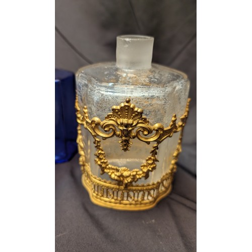 258 - 6 x Antique Perfume Bottles inc. Large brass Overlaid Bottle - no stooper and slight chip to rim