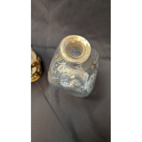 258 - 6 x Antique Perfume Bottles inc. Large brass Overlaid Bottle - no stooper and slight chip to rim