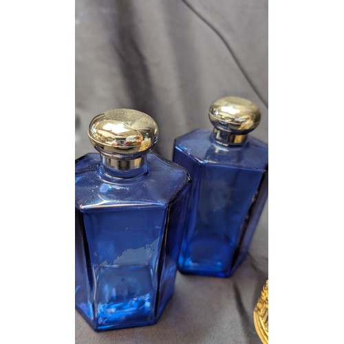 258 - 6 x Antique Perfume Bottles inc. Large brass Overlaid Bottle - no stooper and slight chip to rim