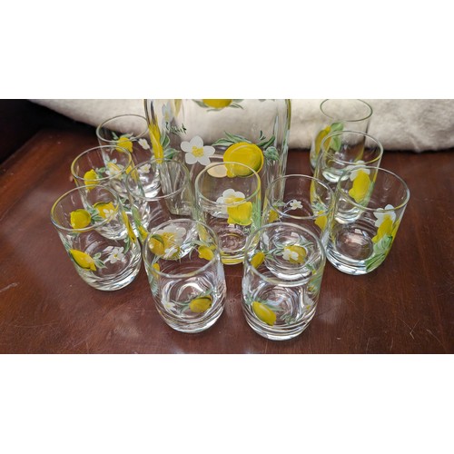 576 - Vintage hand painted carafe and glasses - ideal for Limoncello - Made in Italy (11 glasses)