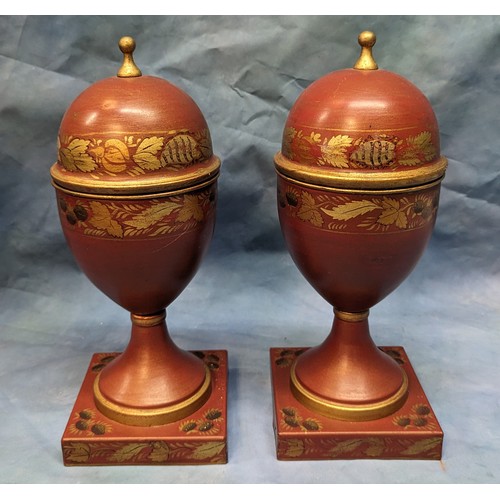 160 - A Pair of Toleware Hand painted Lidded Urns