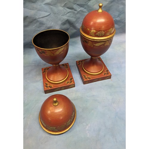 160 - A Pair of Toleware Hand painted Lidded Urns