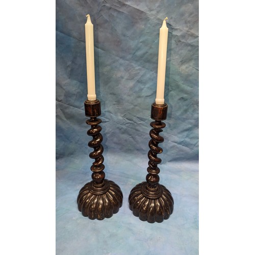 246 - A Pair of Arts & Crafts Wooden Twisted Candle Sticks 42cm Tall