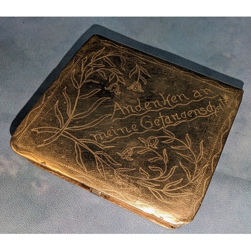 392 - A metal cigarette case engraved 'A.Luben' 1919. - Audenken an meine Gefangenschaft' - 'Souvenirs of ... 