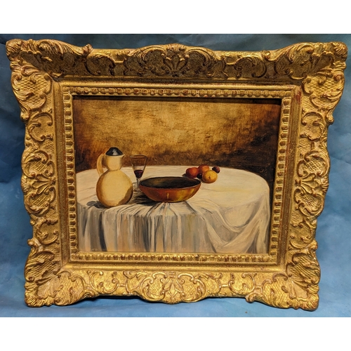 678 - An oil on board of a still life in gilt frame - 38 x 33cm