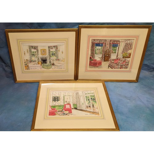 690 - 3 original pen and watercolour interior scenes - By Venetian Maynard