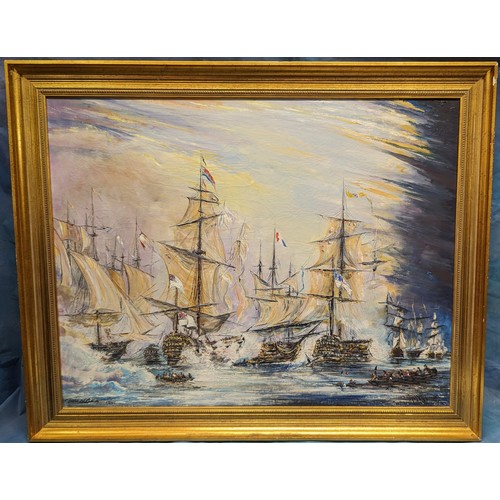 155 - A large original oil on canvas of the battle of Trafalgar - Signed D Robinson Pattingcham 103 x 85cm