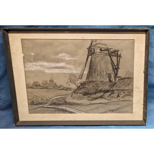 743 - An original charcoal drawing of a windmill - signed Raym Versterden - 53 x 39cm