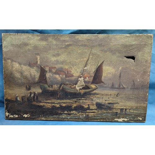 744 - An antique oil painting of fishing boats - extensive damage - signature to back - 50cm x 30cm