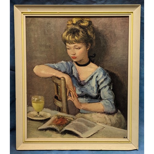 745 - A print on board of a young girl reading - 50 x 70