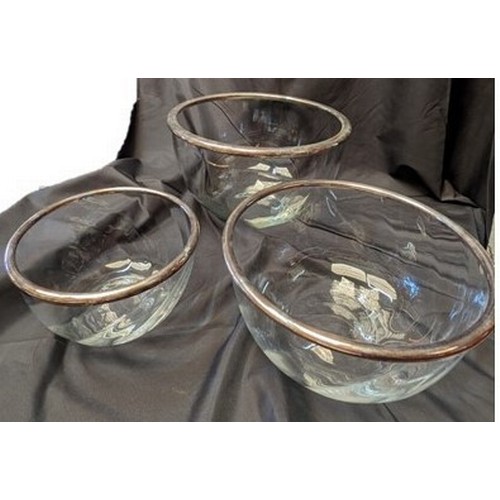 255 - Graduated Glass Bowls x 3 with Metal Rims. Largest 30cm Diameter 20cm tall, Medium - 28cm Diameter, ... 