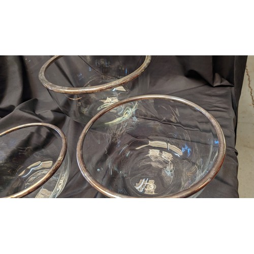 255 - Graduated Glass Bowls x 3 with Metal Rims. Largest 30cm Diameter 20cm tall, Medium - 28cm Diameter, ... 