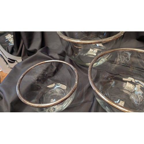 255 - Graduated Glass Bowls x 3 with Metal Rims. Largest 30cm Diameter 20cm tall, Medium - 28cm Diameter, ... 