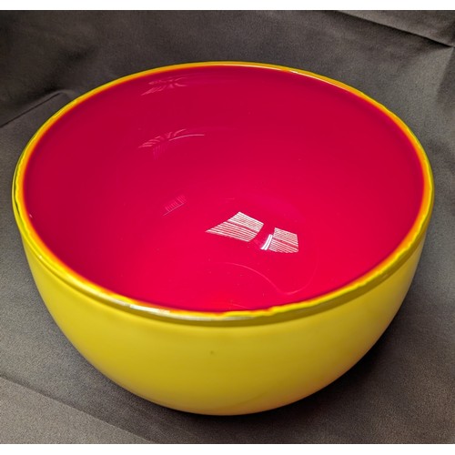 281 - Vintage Yellow Heavy Glass Bowl with Red Interior - 21cm Diameter, 13cm Tall approx.