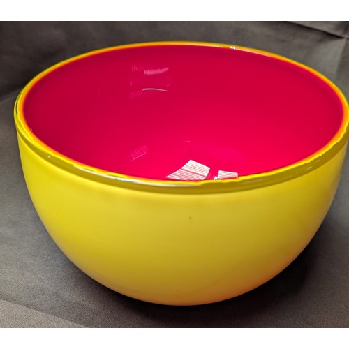 281 - Vintage Yellow Heavy Glass Bowl with Red Interior - 21cm Diameter, 13cm Tall approx.