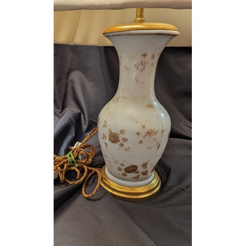 293 - Large Vintage Glass Lamp Hand Decorated with Gold Pattern - Large Shade . 60cm Approx. with Shade