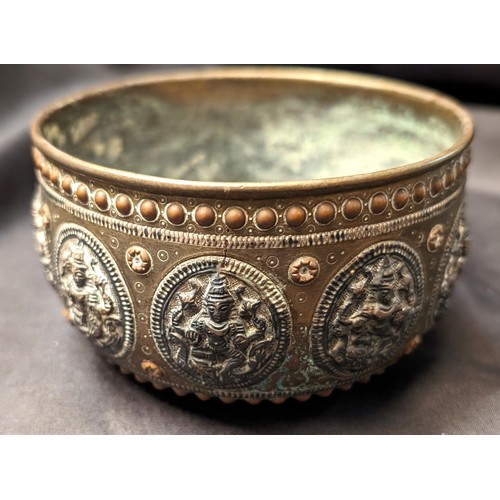 288 - Middle Eastern Antique Tanjore Brass with Silver Overlay Bowl - 19th Century. 12cm Diameter, 7cm Tal... 