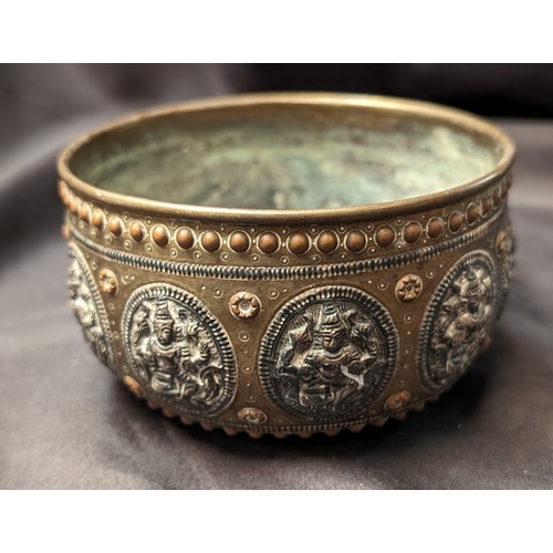 288 - Middle Eastern Antique Tanjore Brass with Silver Overlay Bowl - 19th Century. 12cm Diameter, 7cm Tal... 