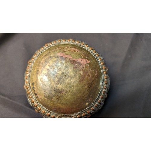 288 - Middle Eastern Antique Tanjore Brass with Silver Overlay Bowl - 19th Century. 12cm Diameter, 7cm Tal... 