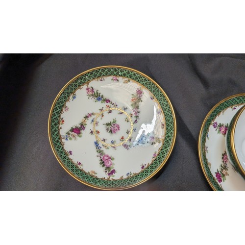 513 - 2 x Antique Fine Porcelain Cups and Saucers, Green and Gold Patterning - Signed to Base ( slight mar... 