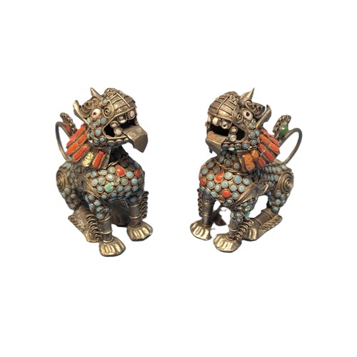 394 - A Pair of Tibetan Foo Dog Snow Lions with Turquoise and Corel Decoration