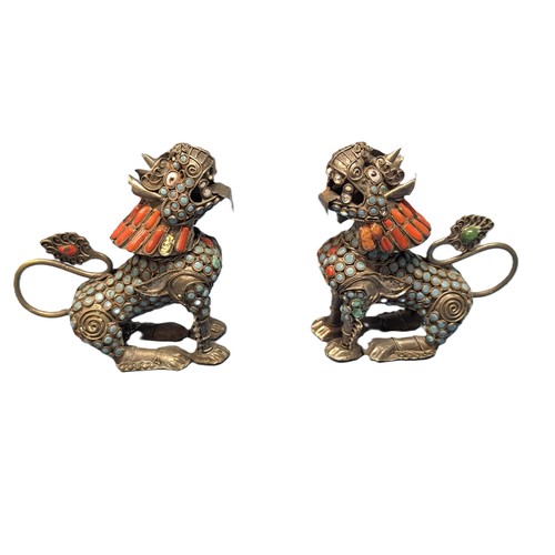 394 - A Pair of Tibetan Foo Dog Snow Lions with Turquoise and Corel Decoration