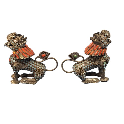 394 - A Pair of Tibetan Foo Dog Snow Lions with Turquoise and Corel Decoration