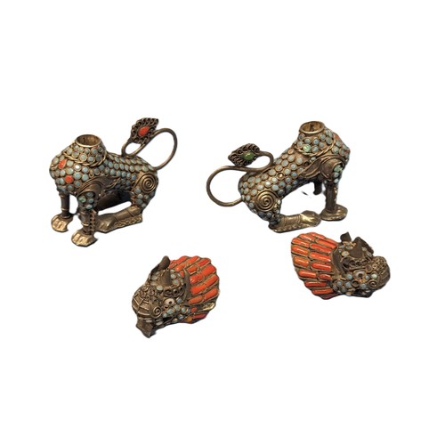 394 - A Pair of Tibetan Foo Dog Snow Lions with Turquoise and Corel Decoration