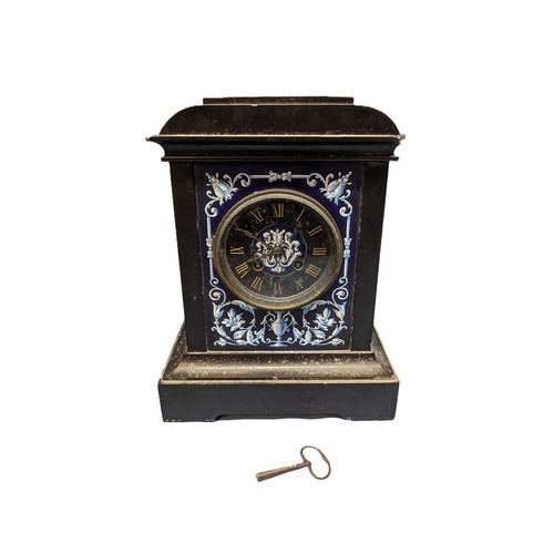 377 - A Slate Mantle Clock with Cobalt Blue and White Face, set with Gilt Roman Numeral Dial - with Key.  ... 